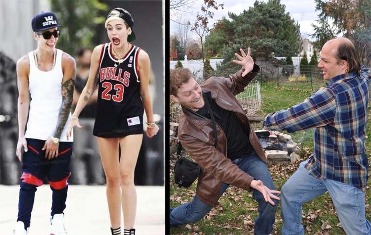 Miley Cyrus and Justin Bieber Want to Be Us! - We know it's difficult to tell some times, but that's Justin Bieber and Miley Cyrus in the left photo and Neal Simon and George Jaros in the right photo.  (Or is it the other way around, we get confused, too.)