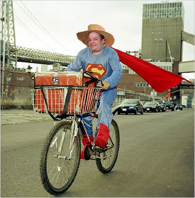 SUPER POWERS - SUPER George working his day job as a pizza delivery man. He saved thousands from hunger by delivering pizza to the bad neighborhoods that other pizza delivery guys were afraid to traverse. Just one of SUPER George's many heroic deeds during his tenure in this reality.